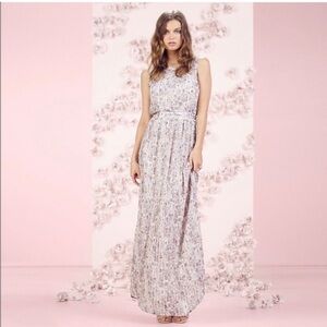 Gray Pleated Maxi Floral Dress Size 10